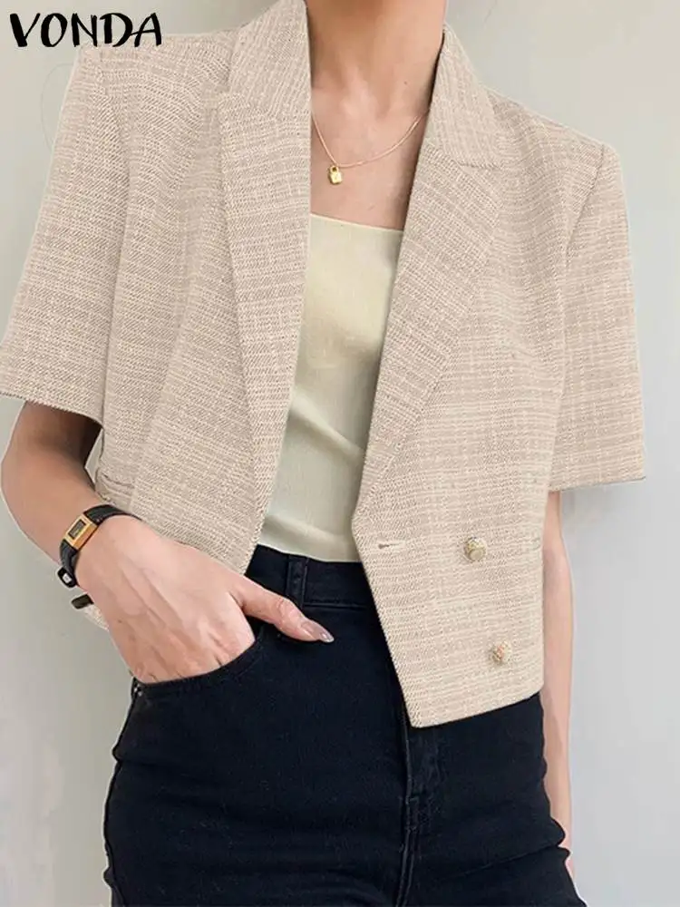 

VONDA Women Fashion Blazer 2023 Elegant Lapel Solid Color Loose Blazer Summer Short Sleeve Suits Double-breaste Office Outwear