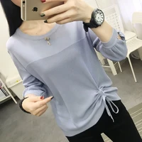 womens 2022 new round neck pullover sweater hollow beaded ice silk t shirt three quarter sleeve autumn winter lace up top