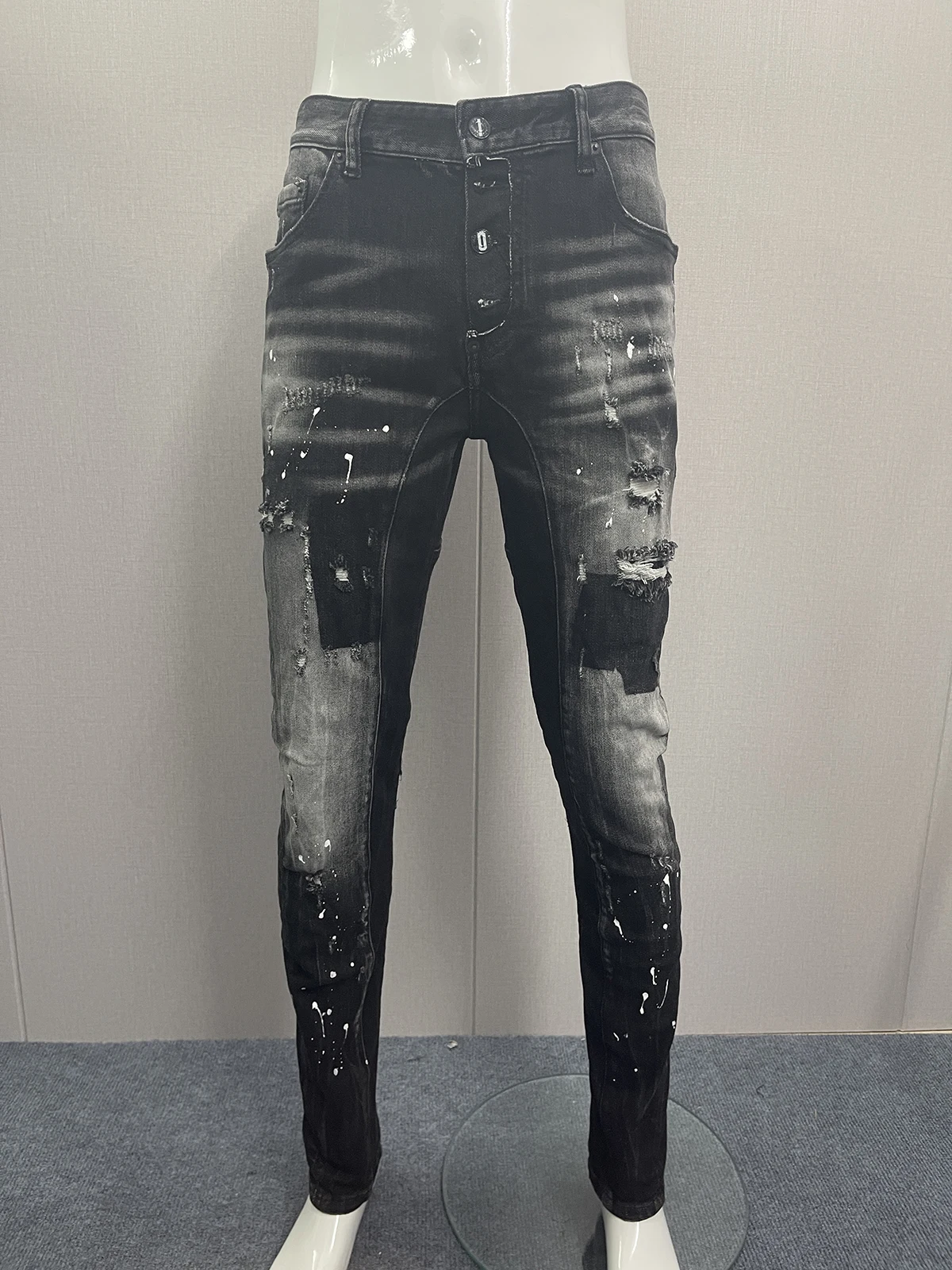

2023 new fashion men's jeans, fashion slim stretch water wash hole patch paint splash ink pant