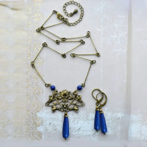 3 шт., винтажное ожерелье с подвеской в виде капель, элегантный стиль, искусственный лазурит, сплав синего цвета, 50 + 5 см, серьги, комплект 4 см