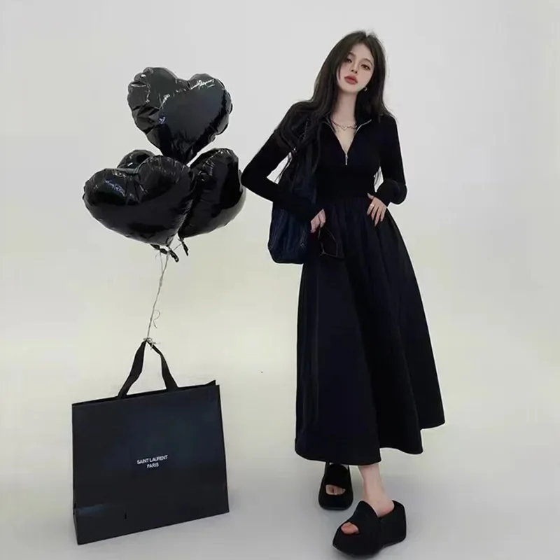 

Autumn Black Zipper Half High Neck Long Sleeve Maxi Dresses for Women French Haute Couture Slimming Long Dress with Large Swing