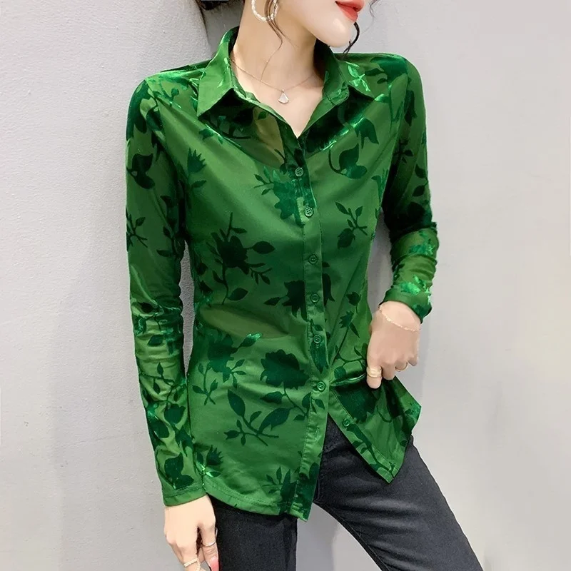 # 4204 зеленая черная сексуальная сетчатая рубашка женская тонкая повседневная