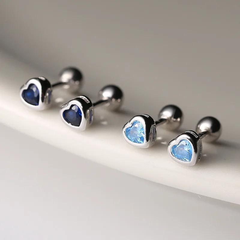 

Fashion Silver Color Heart Shape Aquamarine Crystal Stud Earrings Screw Post Stud Ear for Women Jewelry Accessories