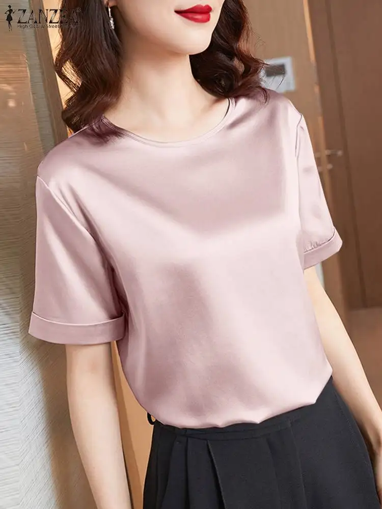 

ZANZEA Women Solid Satin Blouse Summer Elegant Office Work Shirt Female Party Tops Chemise Casual O Neck Short Sleeve OL Blusas
