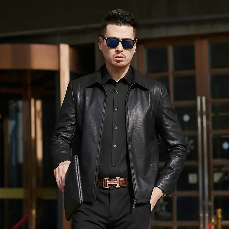 Мужская кожаная куртка с коротким отворотом коричневая Повседневная Деловая из