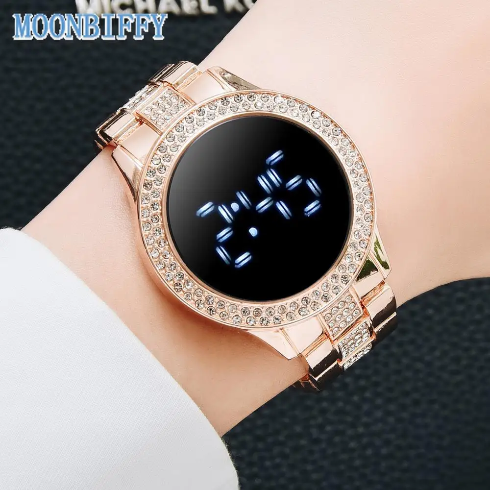 

LED Digital Magnet Watches for Women Luxury Rose Gold Stainless Steel Diamond-set Dial Dress LED Quartz Watch Relogio Feminino