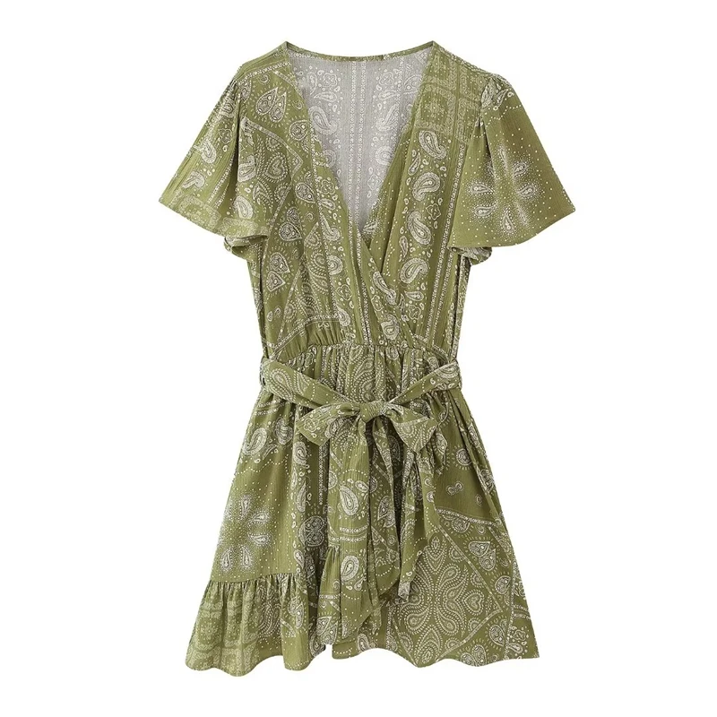 

V-neck Short-sleeved Waist Tie Print Dress Summer New Temperament Loose Dress