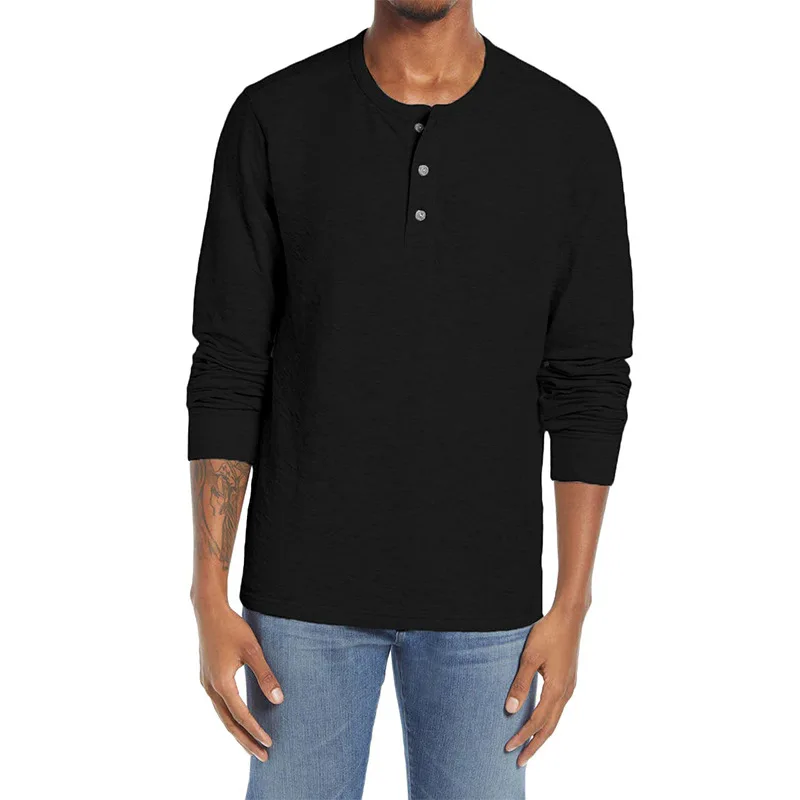 

2022 Men's Round Neck Button Long-Sleeved Top Fashion Pullover Loose Casual Undershirt Sports T-shirt Henry Collar Solid Color