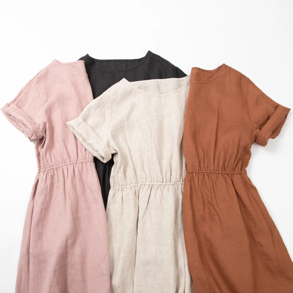 106cm Bust / Summer Women Loose Elastic Waist Comfy Soft Natural Breathable Water Washed Light Thin 17*21 Linen Pullover Dresses