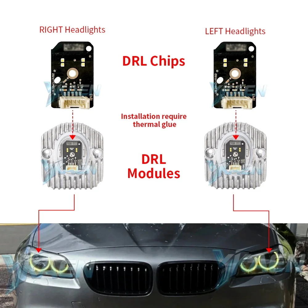 Фото Желтые светодиодные дневные ходовые огни Angel Eyes DRL для BMW 5 серии M5 F90 G30 G31 G38 G32 17-20, белый, синий, красный цвета. №2