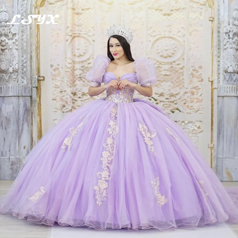 

LSYX Purple V-Neck Pageant Quinceanera Dresses 2023 Appliques Flowers Puff Sleeves Sequined Princess Party Sweet 15 Ball Gown