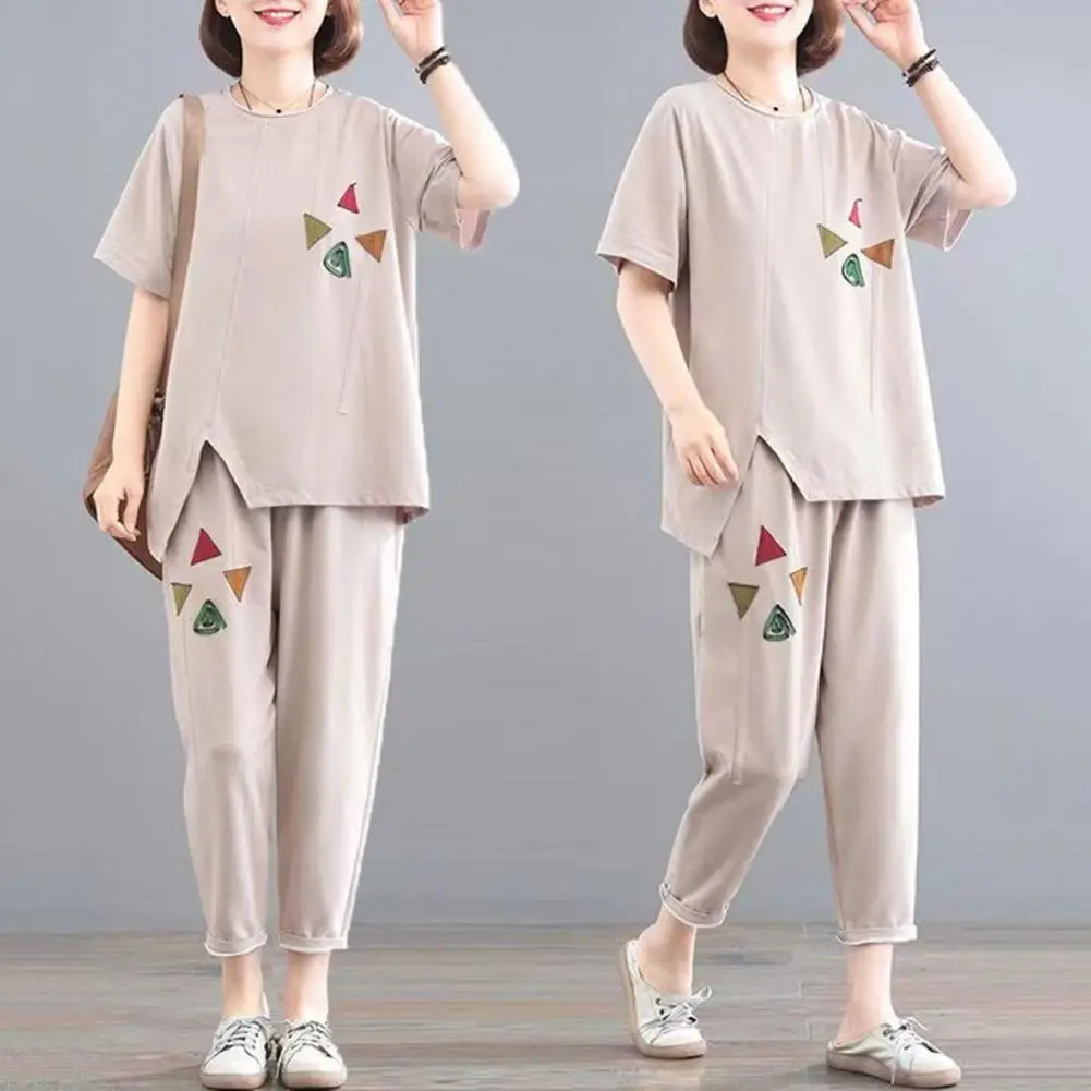 

2Pcs/Set Women Cotton Linen Printing O-Neck Short Sleeve Top Irregular Hem Long Pant Elastic Waistband Pocket Casual Outfit Suit