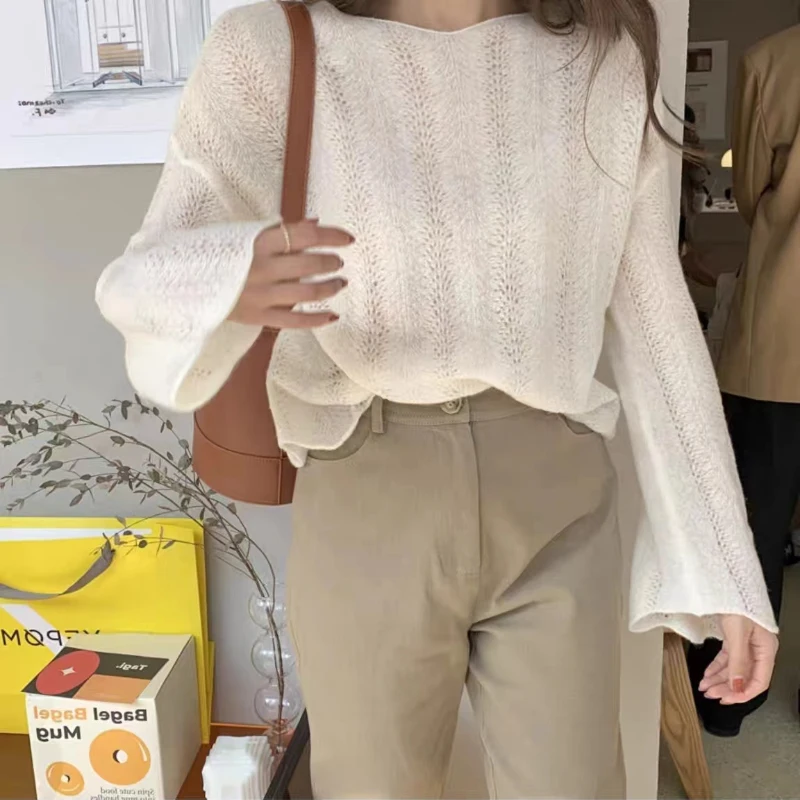 

Casual Slash Neck Knitted Shirt Women Spring Flared Long Sleeve Hollow Blouse French Sweet Loose Solid Sexy Tops Blusas 26620