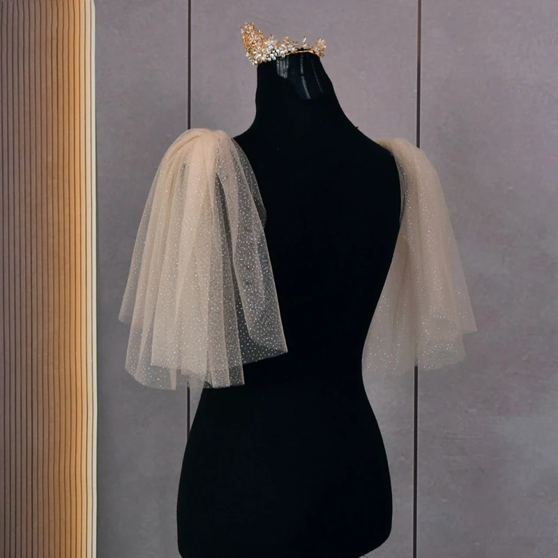 

Elegant Women Pleated Tulle Sheer Wrap Wedding Bridal Shinning Shoulder Stole Elegant Formal Shawl with Gilding Design