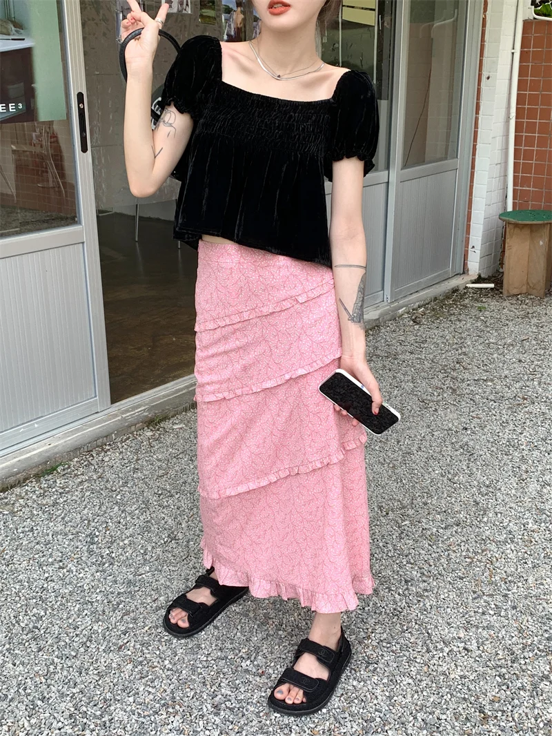 

Women's New Korean Style Casual Temperament Commuting Street Fashion Versatile Thin Pink Long Floral Skirt
