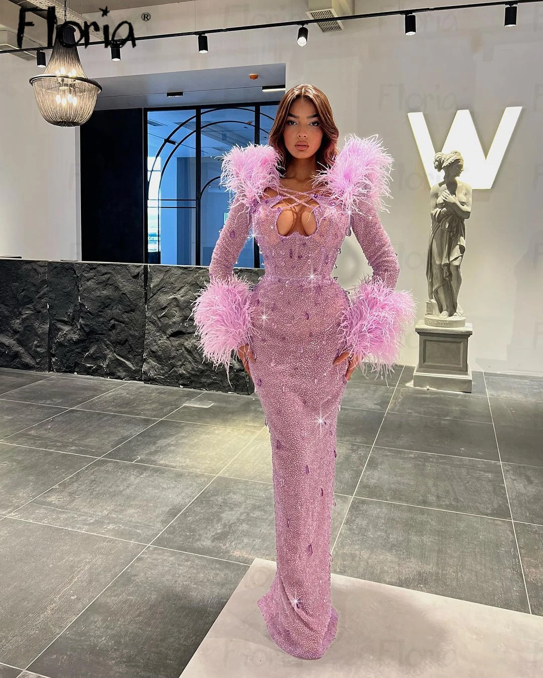 Женское длинное платье-русалка фиолетовое платье с длинным рукавом украшенное