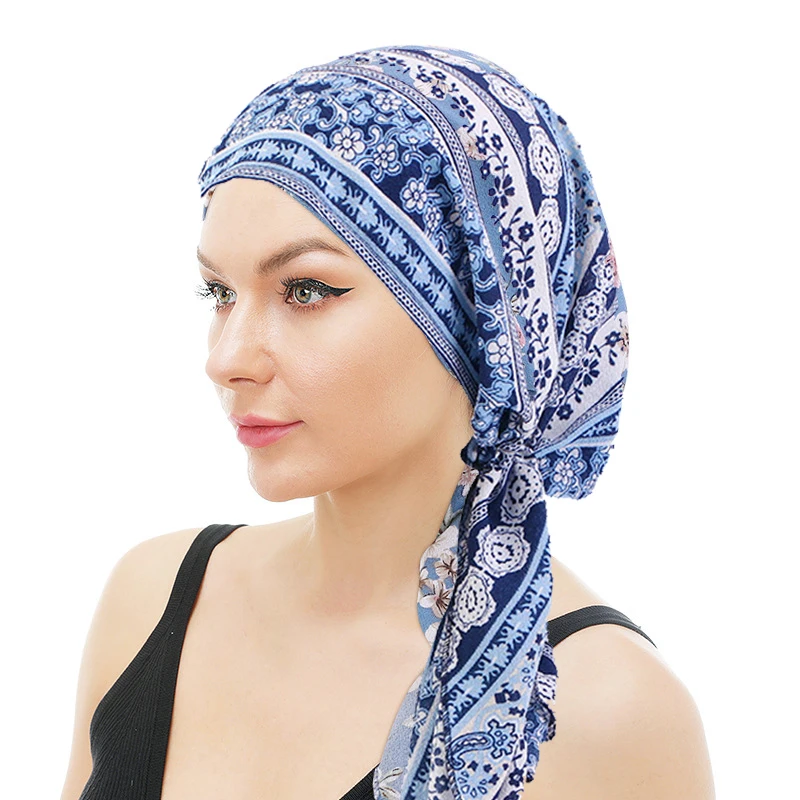 

fashion print woman turban hat soft elastic flowers lady muslim headdress wrap head scarf Sleeping hijab caps turbante female