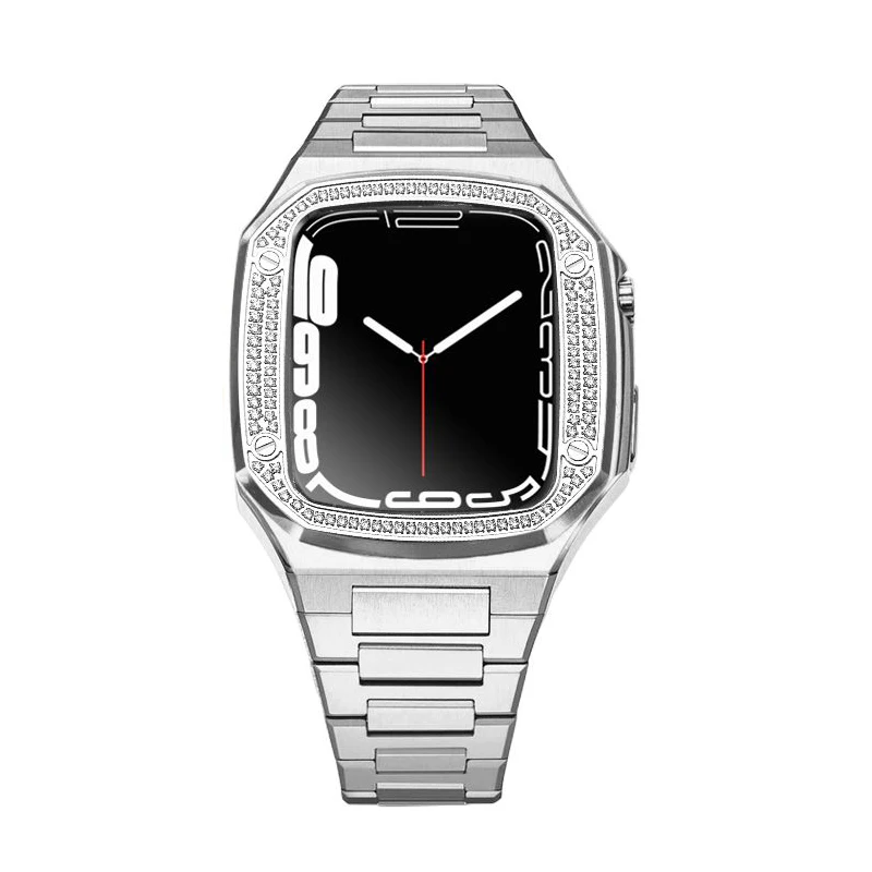 

Чехол для Apple Watch Series 7 из нержавеющей стали с камнем, аксессуары для ремешка 44 мм, 45 мм, резиновый ремешок для Iwatch 7 SE 6, для модификации комплек...