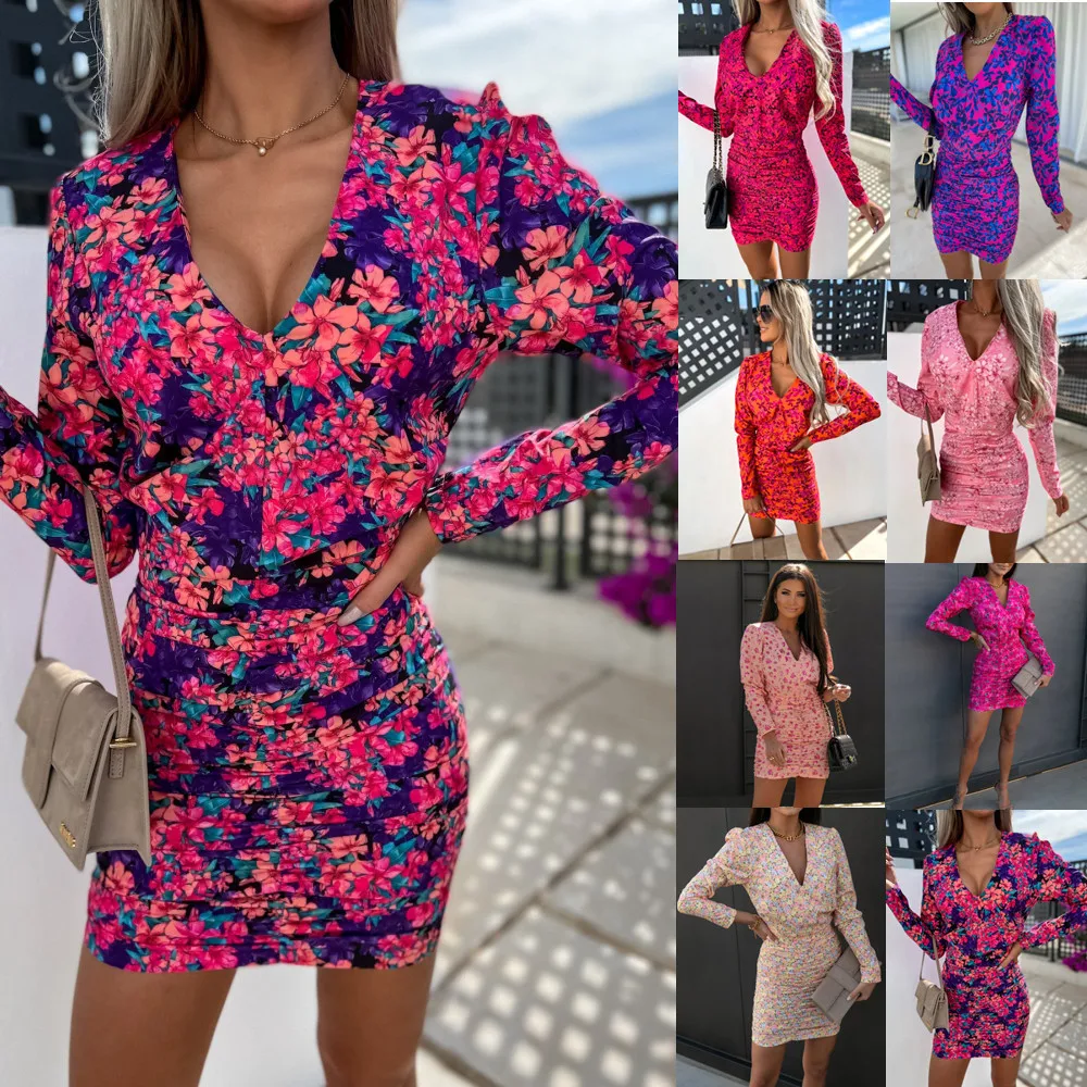 

Summer Elegant Flower Print Bodycon Dress Sexy Deep V-Neck Pleat Party Dress Casual Long Sleeve Beach Mini Dresses Vestidos