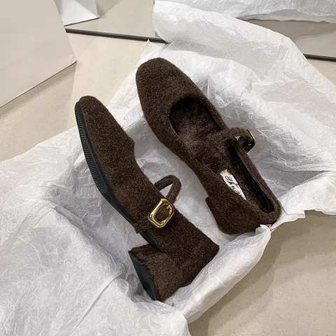 Дизайнерские женские туфли Мэри Джейн с квадратным носком, элегантные модельные туфли на толстом каблуке, уличные удобные женские туфли-лодочки на флисовой подкладке