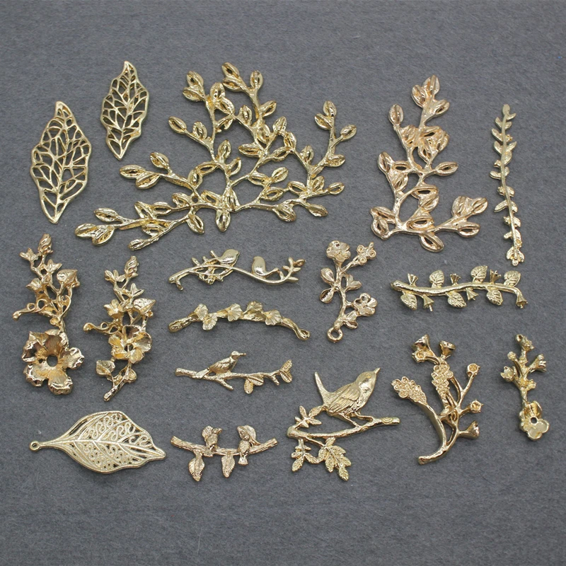 

DIY Wedding Fan Bride Headdress Leaves Branches Iron Pieces Crown Flowers Connector Accessories Gold Color Box decoration