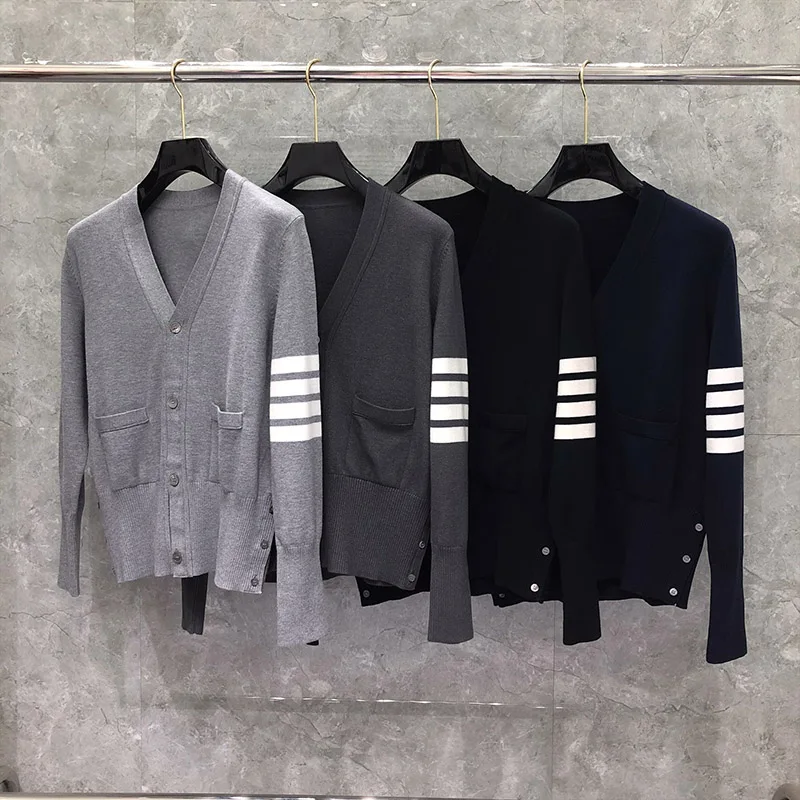 

TB THOM Men Wool Cardigan Coat V-neck Classes Stripes Sweater Men's Concise Style Sweaters High Quality Women's Loose Clothes