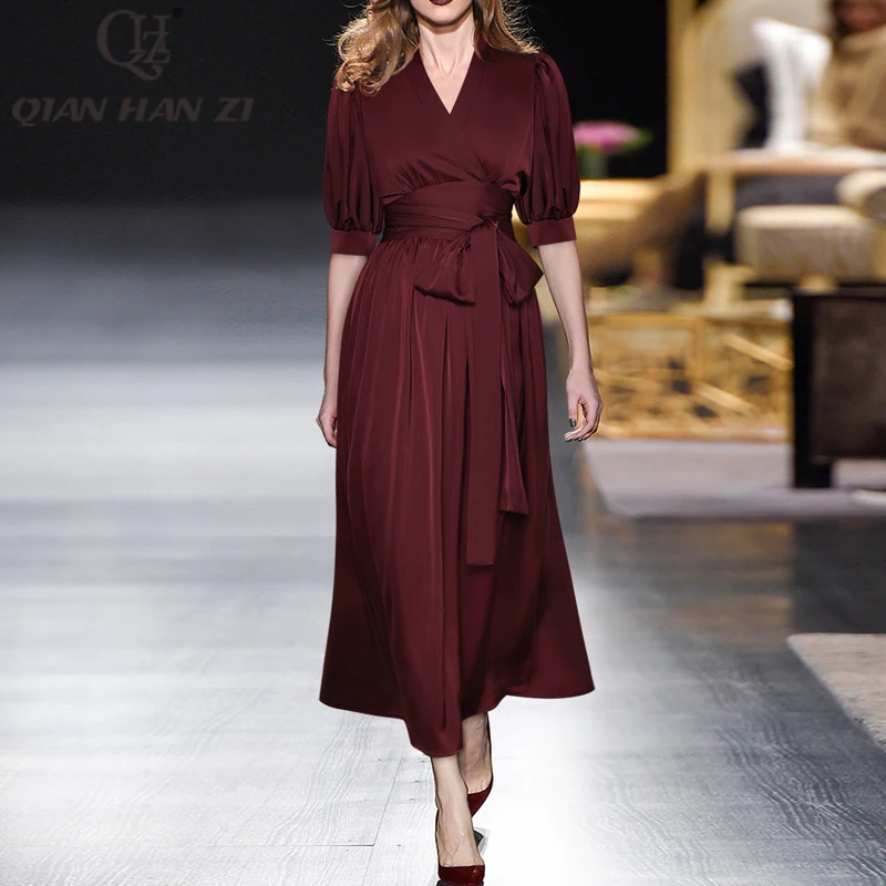 

Qian Han Zi Designer Fashion long dress for women V neck vintage folds belt slim holiday maxi dress
