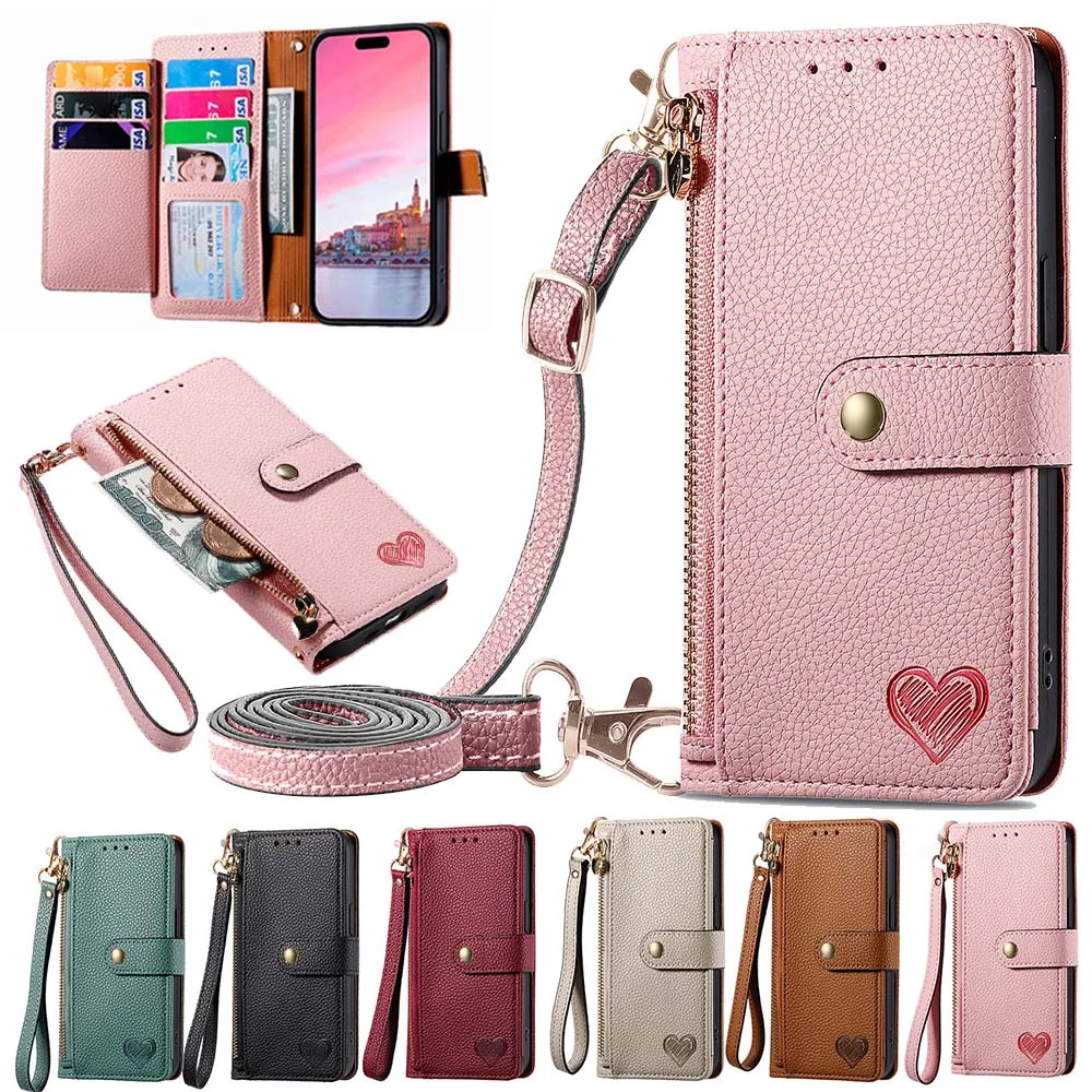 

Zipper Leather Wallet Anti-theft Case For iPhone 14 Plus 13 Pro Max 12 11 10 X XR XS 7 8 Plus SE 2022 Wrist Strap Cover Lanyard