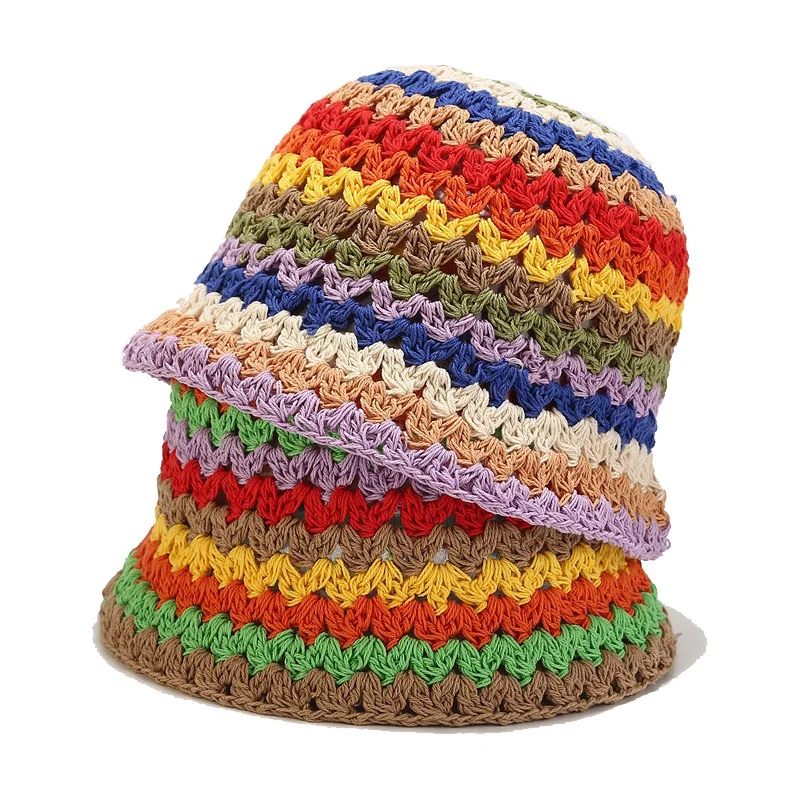 

Rainbow Crochet Dome Bucket Hat Boho Colorful Stripes Panama Cap Portable Sun Visor Beach Hats Women's Summer UV Protection Caps