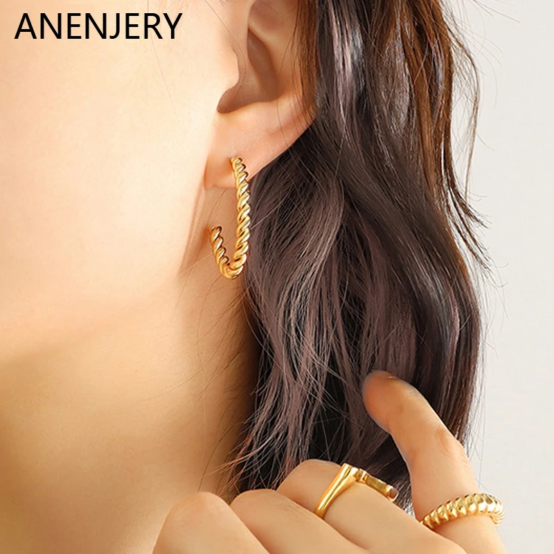 

ANENJERY 316L Stainless Steel European and American Retro C-shaped Earrings New Women's Earrings Party Jewelry Gift