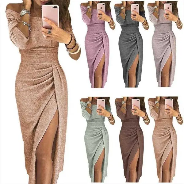 

Womens Sheath Slit Off Neck Dress Shiny Casual Dresses Dinner