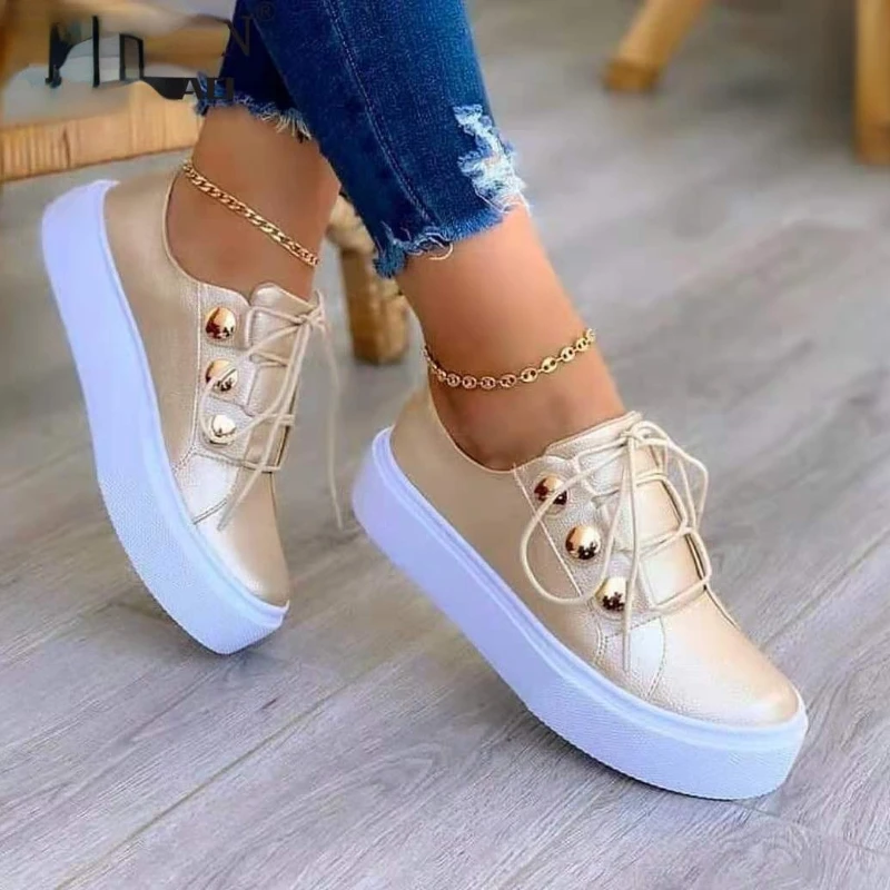 

Fashion Flats Shoes Women's New Artificial PU Sneakers White Round Head Platform Casual Sports Student Viscose Shoes