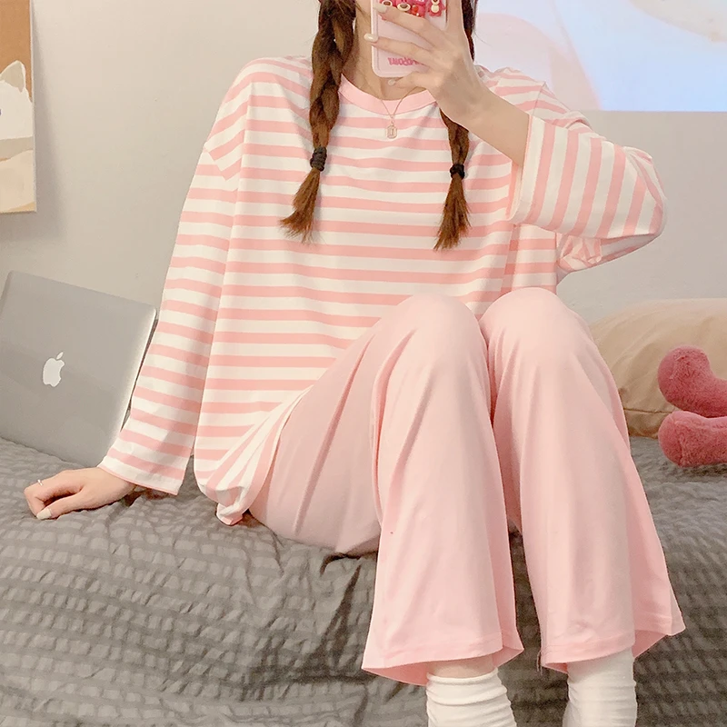CAIYIER Winter Korean Sleepwear O-Neck Black Stripe Nightwear Casual Chic Winter Pajama Set Long Sleeve Trousers Kawaii Homewear