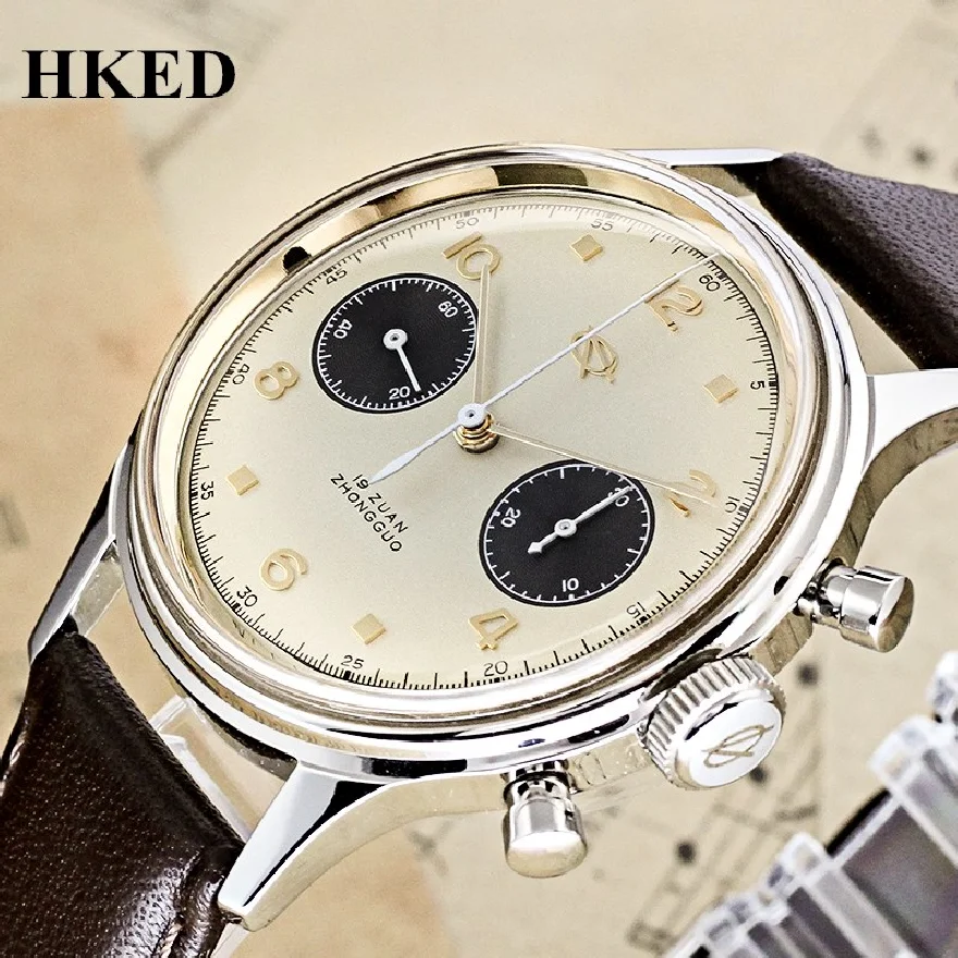 

Super HKED Men Watches 1963 Seagull Chronograph Movement Hand Winding Mechanical Wristwatches Leather Strap Relojes Mecanicos