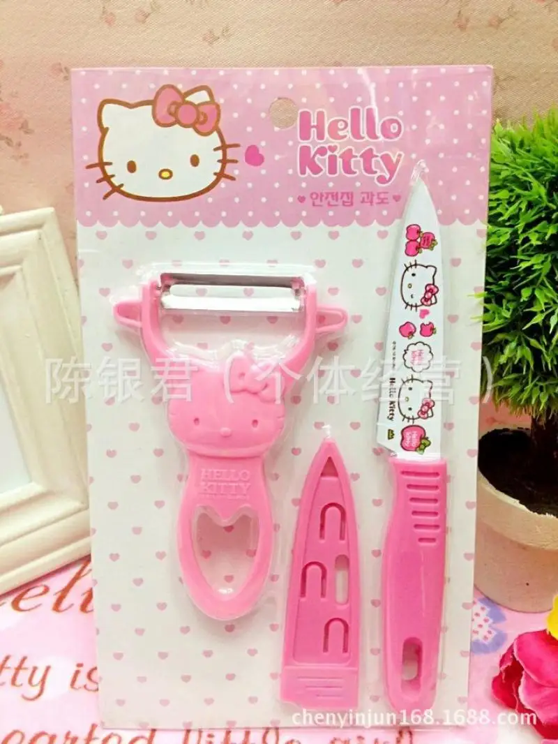 

Новинка 2022, милый домашний кухонный нож Hello Kitty Kawaii Sanrioed, набор ножей для фруктов, 2 предмета, Овощечистка, игрушки для девочек