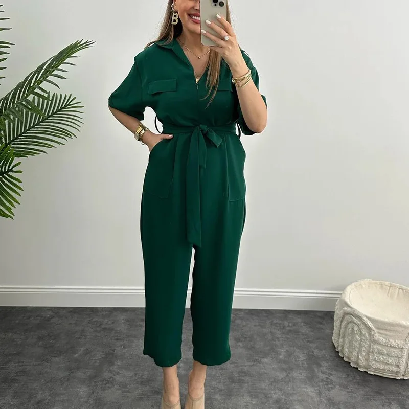 Temperament Commuting Solid Color Tie-up Nine-point Jumpsuit with Pocket Fashion All-match Ladies Short-sleeved Jumpsuits