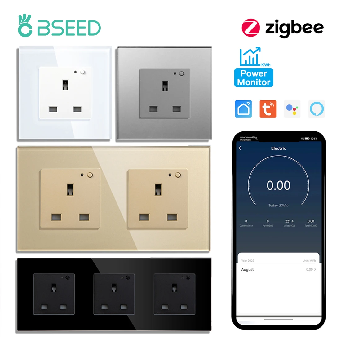 Фото Умная двойная розетка BSEED UK Standard Zigbee с мониторингом энергопотребления, управление через Tuya Smart Life и Google Home, 13А №1