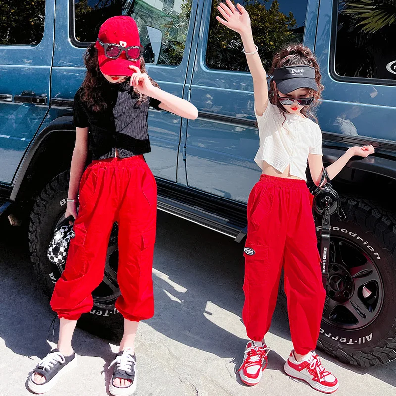 

Fashion Teen Girls Clothing Sets Summer Short Sleeve Crop Top + Cargo Pants 2pcs Children Suits Casual Tracksuit 8 10 12 14Years