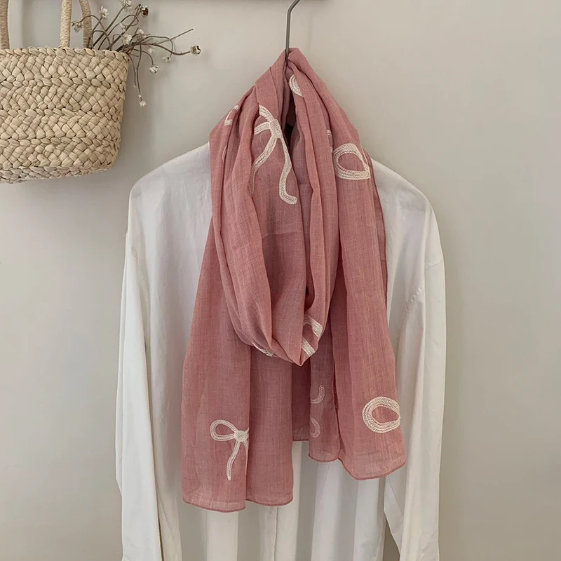 Осень-зима 2024 хлопковая тонкая шаль с бантом однотонная простой художественный