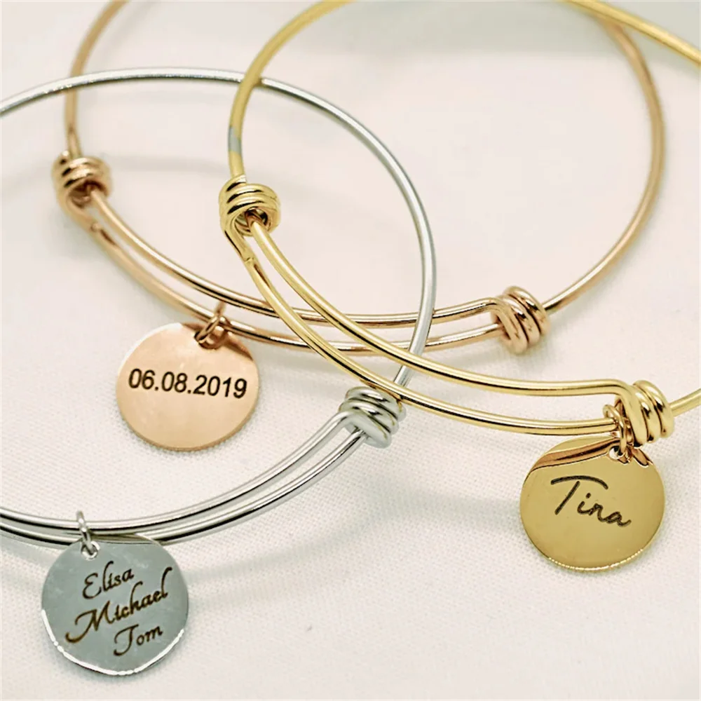 

Stainless Steel Custom Carving Names Bangles for Women Personalised Round Coin Charm Bracelet Jewelry Gifts Pulseras Para Niñas