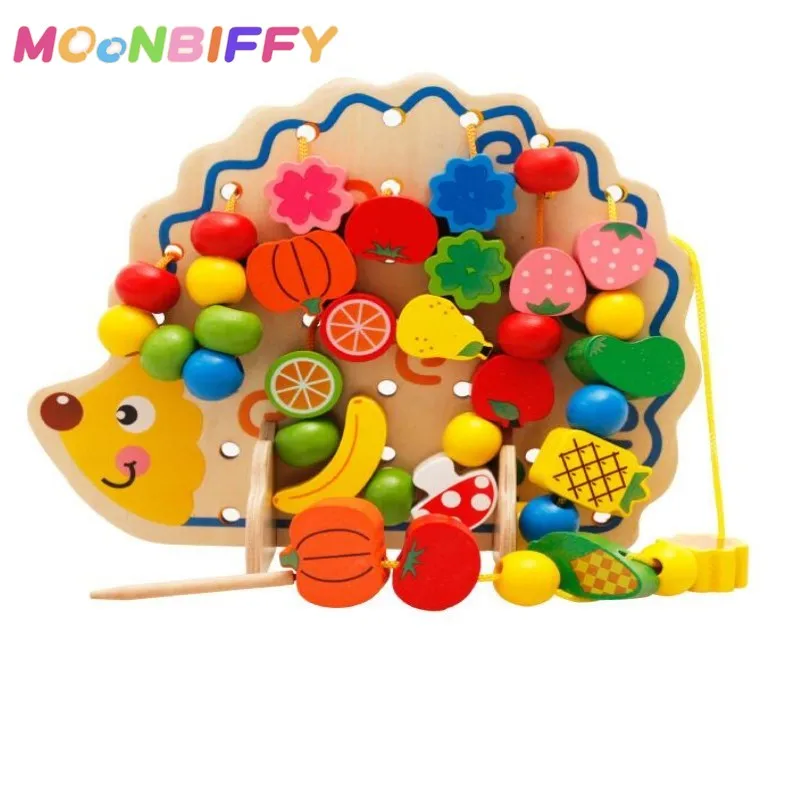

1Pcs Wooden Fruits Vegetables Lacing Stringing Beads Toys with Hedgehog Board Montessori Educational Toy for Kids Learning Toys