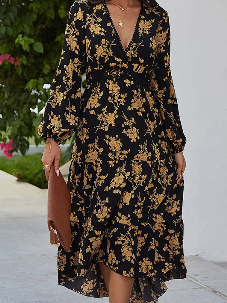 

Платье женское средней длины с V-образным вырезом и винтажным принтом