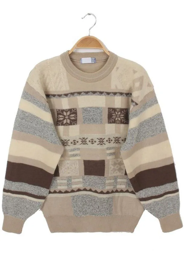 Vintage Solitude Japan Retro Autumn and Winter Fleece Neutral Pullover Sweater Stripe Snowflake Preppy