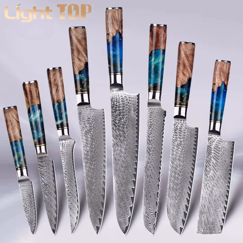 

Kitchen Knives-Set Damascus Steel VG10 Chef Knife Cleaver Paring Bread Knife Blue Resin and Color Wood Handle 1-8PCS set