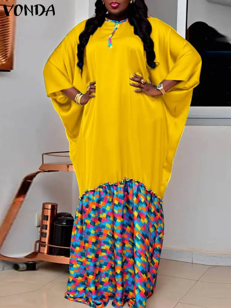 

VONDA Women Patchwork Hem Maxi Dress Female 2022 Up Stylish Printed Holiday Party Robe Sexy 3/4 Sleeve Button Casual Vestidos 4#