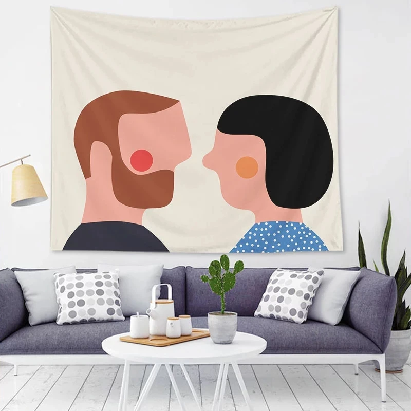 

Гобелен с мультяшными персонажами, абстрактное искусство, геометрический фон с изображением солнца, девушки, домашний декор для гостиной, с...
