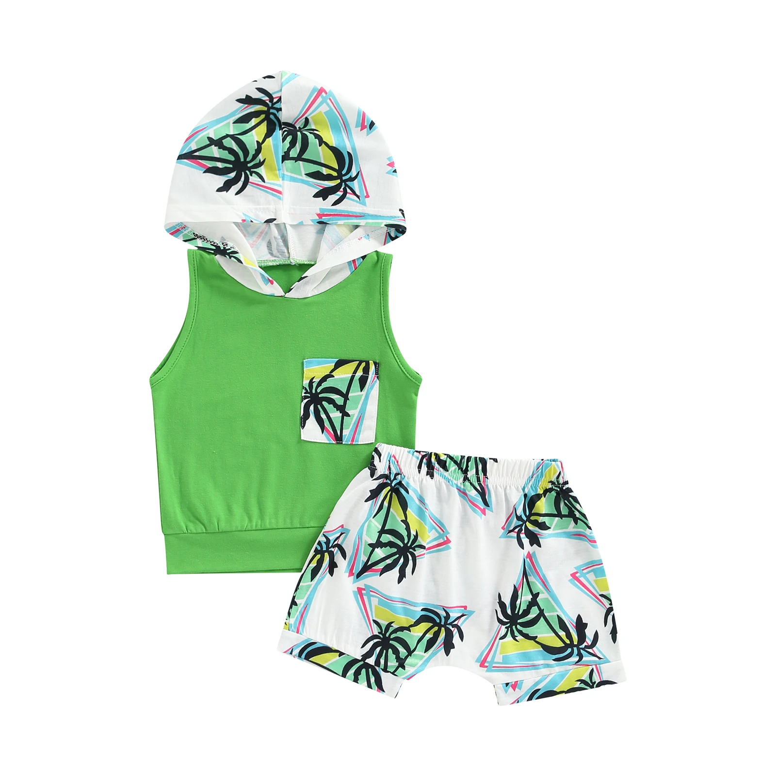 

2022-04-01 Lioraitiin 0-24M Newborn Boy 2Pcs Outfits Tropical Tree Printed Patchwork Sleeveless Hooded Tops Elastic Waist Pants