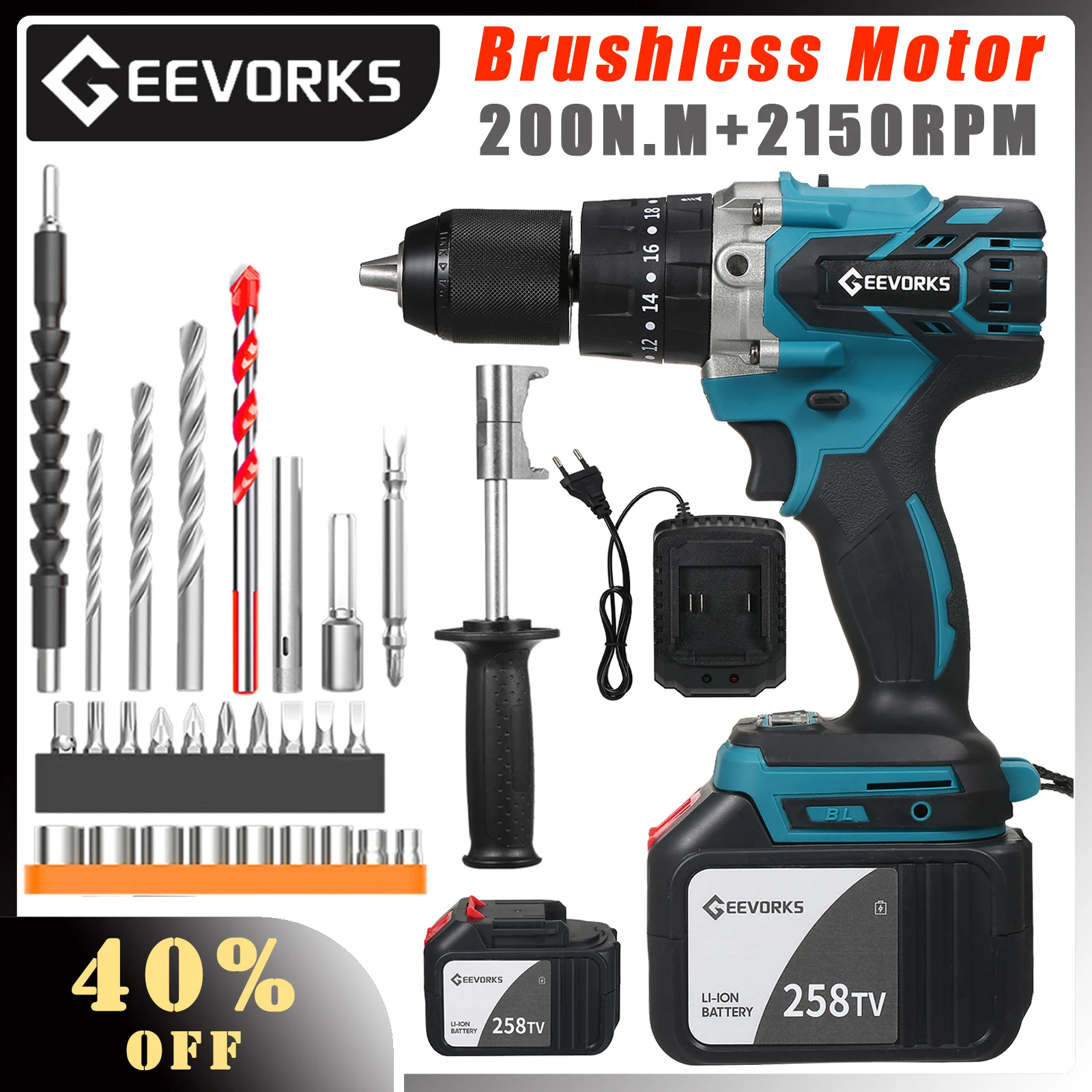 21V Brushless Cordless Drill With 200N.m Max Torque And 0-2150RMP Variable Speed Impact Hammer Drill And Electric Screwdriver