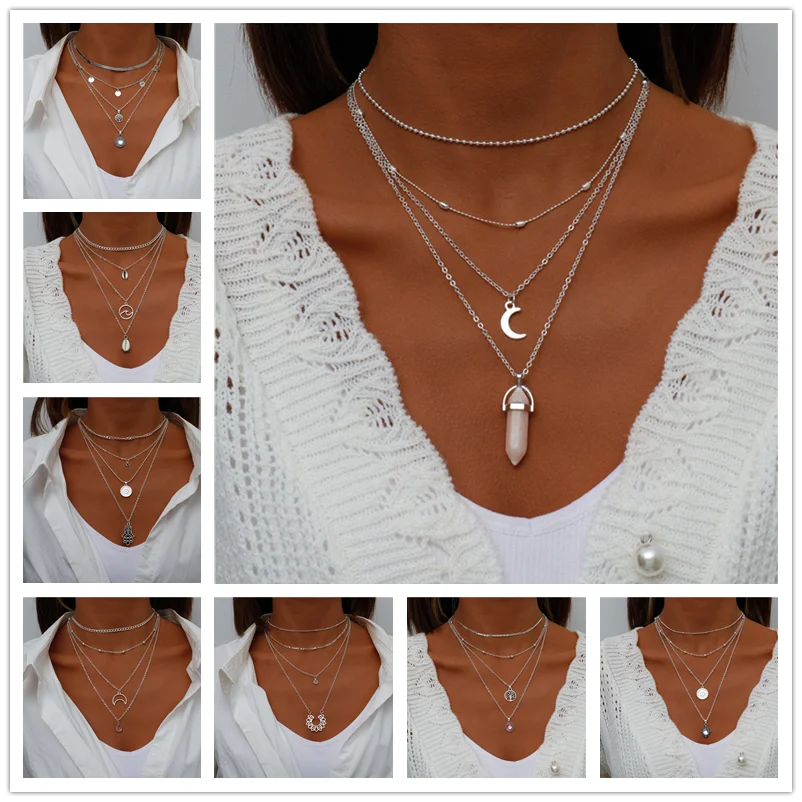

Vintage Multilayer Portrait Coin Hamsa Hand Chain Necklces Choker for Women Boho Moon Tree Elephant Pendants Necklaces Jewelry