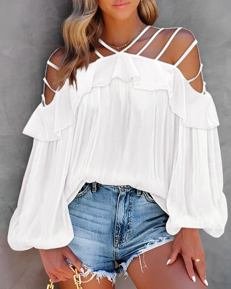 

Spring Summer Sexy Cold Shoulder Ruffle Hem Cutout Top Women Blouse Casual Lantern Sleeve Daily Tops Shirts Female Blusas